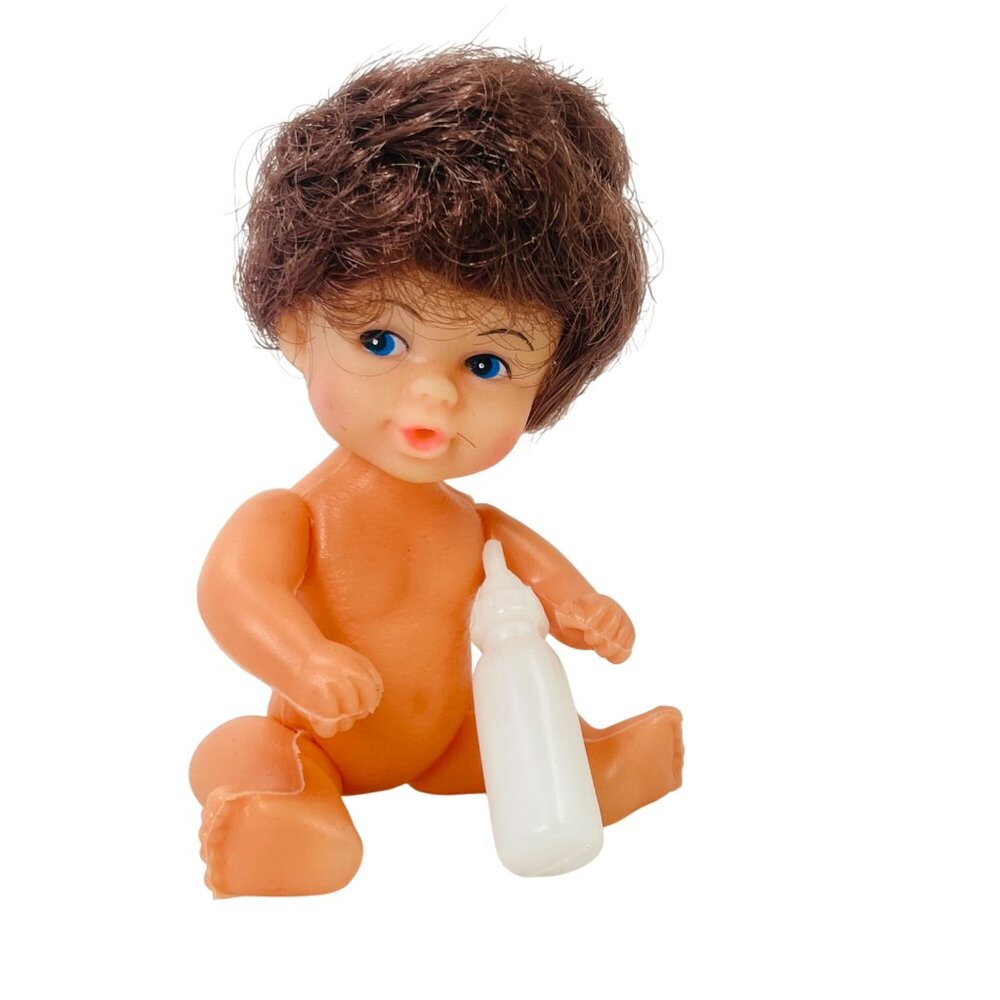 Vintage Crafts Baby Jane Doll Jointed Hard Plastic With Bottle Brunette 4 inch